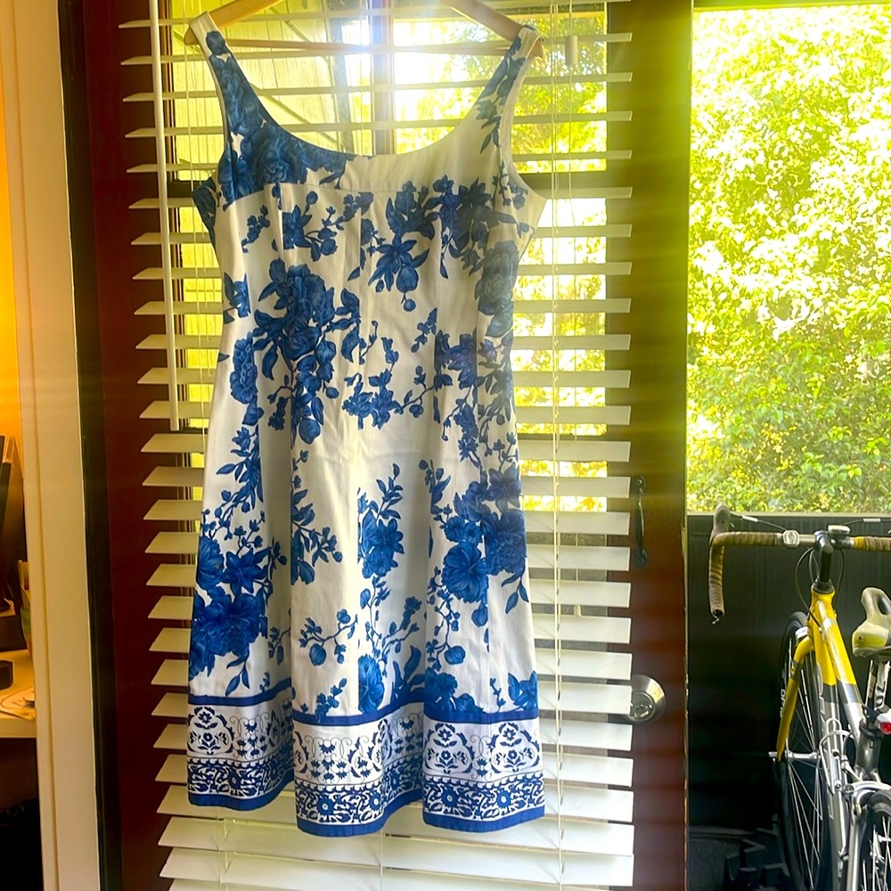 Blue white fitted aline floral dress